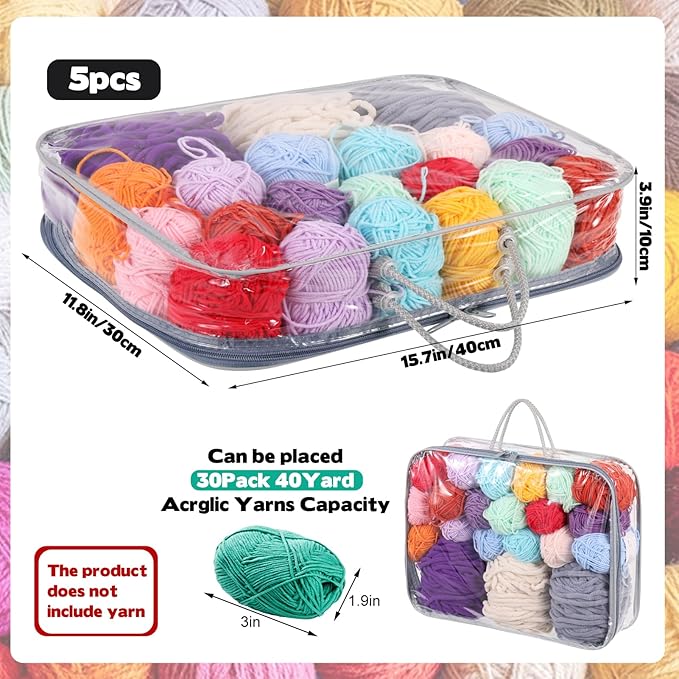 5 Pack Clear Yarn Storage Bags, 12x16x4 Inches Yarn Storage Organizer Tote Bag for Knitting Needles Crochet Hooks Yarn Balls Yarn and Unfinished Project, Grey