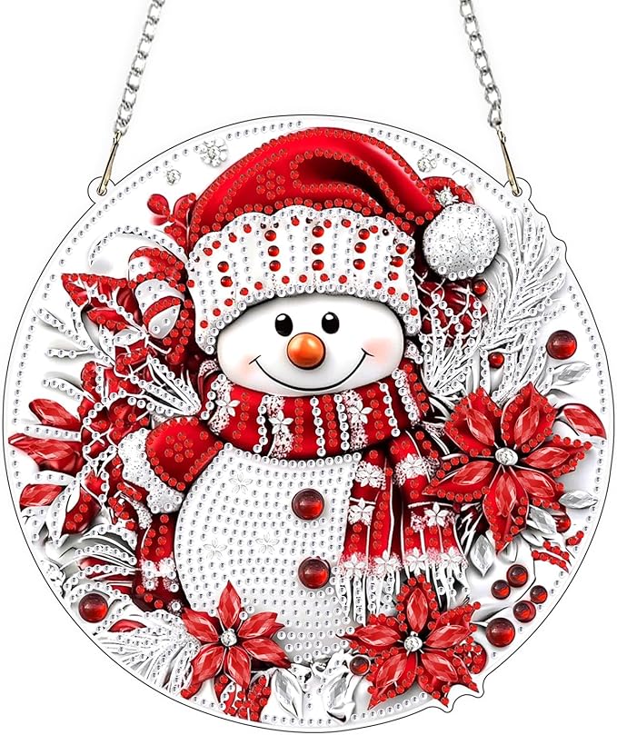QENSPE Christmas Diamond Art Hanging Kits for Adults with Chain, 5D Special Shape Snowman Diamond Paingting Ornaments Kits, Easy DIY Crystal Pendant Gem Art for Home Garden Wall Decor 8X8 inch