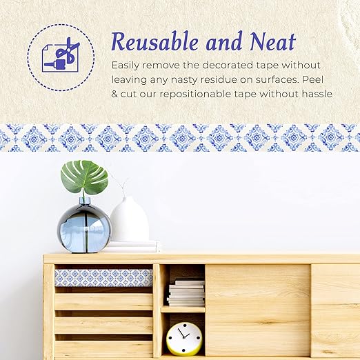 Serenity Fair Washi Tape – Mediterranean Tile Pattern, Extra Wide 4 Inch Scrapbook Supplies for Scrapbooking, Journaling, Stickers, Craft Paper, and DIY Scrapbook Tape Roll (Moroccan Blue and White)