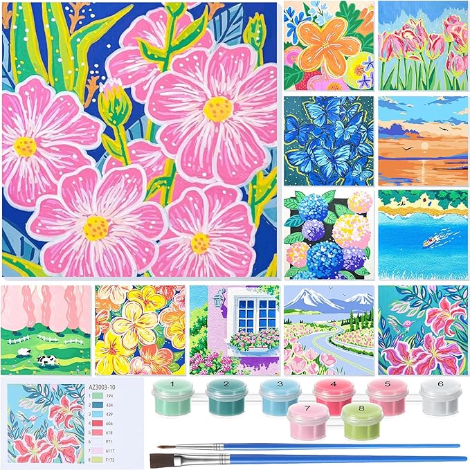 Nezyo 12 Sets Paint by Numbers Kit with Frame for Adult Beginners, DIY Acrylic Paint by Number Canvas for Painting Party Activity Birthday Gift, 8 x 8 Inch