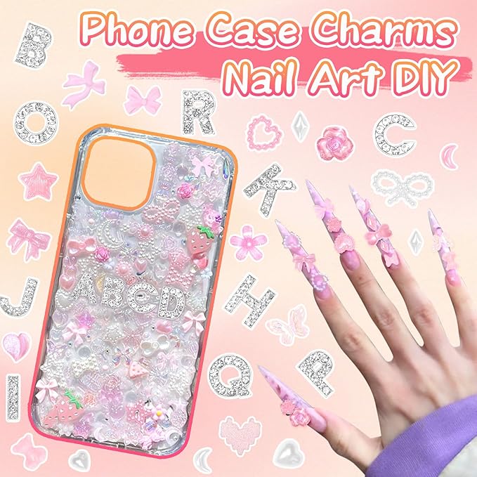 330 Pcs Junk Phone Case Charms 26 Pcs A-Z Rhinestone Alphabet Letter Charm, Mix Pink Color White Flower Bow Heart Pearls Flatback Resin Charms Letter Junk Cases Kit for DIY Crafts