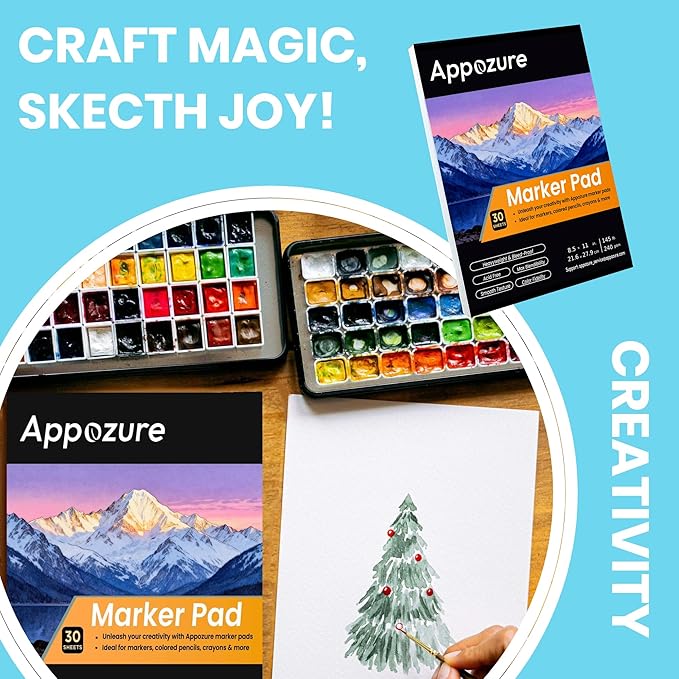 240GSM Bleedproof Sketch Pad for Markers, Acid-Free Heavyweight Smooth Drawing Papers, 8.5"×11" Large Paper Size Glue-Bound, 30 Sheets/60 Pages, Ideal for Artists, Kids, Adults, Dry Media, Gifts
