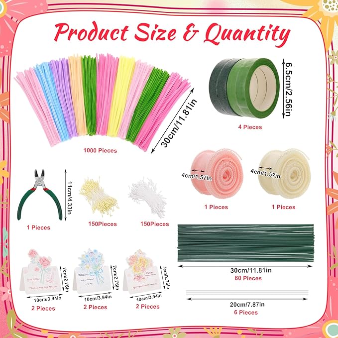 Ovveroche 1000 PCS Pipe Cleaners Craft, Pipe Cleaner Bulk Flower Kit with Handle, 7 Colors Chenille Stems Flower Making Kit with Floral Wires, Gardening Tape, Stamen, Ribbon for Art Craft Supplies