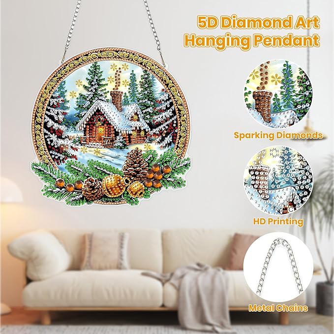 MOGTAA Christmas Diamond Art Hanging Kits for Adults Kids, Winter Landscape Diamond Art Suncatchers, 5D Special Shape Diamond Painting Window Pendant Kit for Home Garden Wall Decor