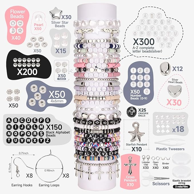 Pizooro Bracelet Making Kit 3 Boxes,Clay Beads for Jewelry Making,Silver Letter Bead with Cross Charm,Silver Earrings and Elastic String,Friendship Bracelet for Women,Birthday Gifts for Women Girls