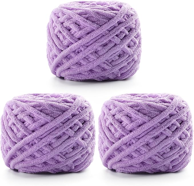 3 Pack Chunky Chenille Yarn for Crocheting, Fluffy Baby Blanket Yarn for Crochet Sweater Shawl Scarf Gloves, Super Soft Amigurumi Plush Yarn 222 yds/10.5 Oz (Light Purple)
