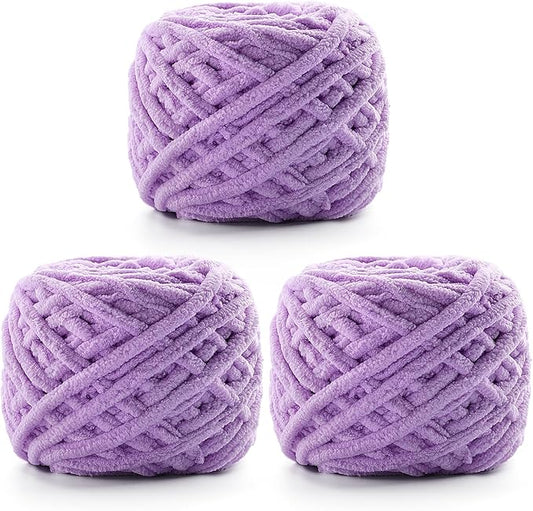 3 Pack Chunky Chenille Yarn for Crocheting, Fluffy Baby Blanket Yarn for Crochet Sweater Shawl Scarf Gloves, Super Soft Amigurumi Plush Yarn 222 yds/10.5 Oz (Light Purple)