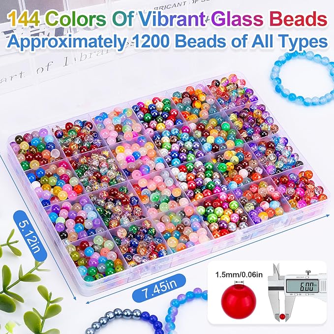 XSEINO About 144 Colors 1200PCS 6mm Glass Beads Bracelet Making Set, Colored Glass Beads in Six Styles for Bracelet, Jewelry and DIY Craft Making
