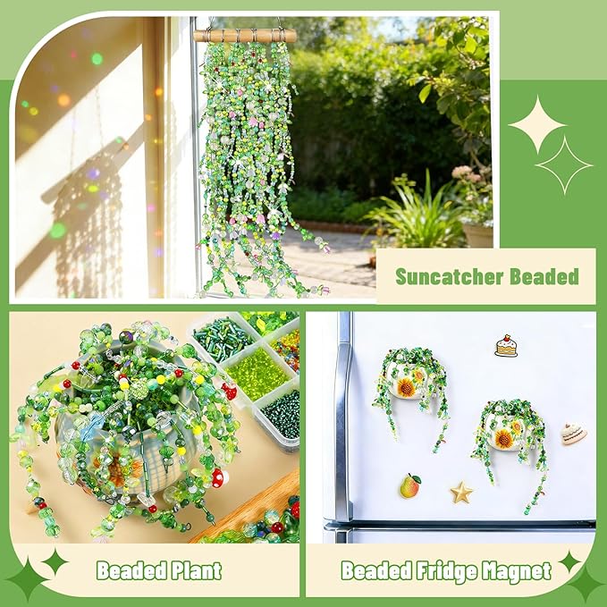 5057 Pcs Beaded Plant Kit Forever Plant Kit for Mirror Disco Ball Planter Making,Green Beads for Beaded Plants with Hanging Chain,Green Glass Leaf Beads Forever Plant Beads for Plant Making DIY Craft