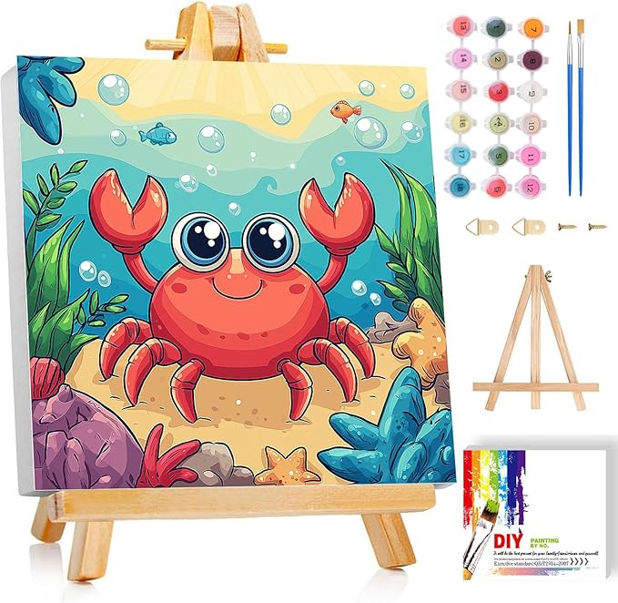 Gemozaic Paint by Numbers Kit for Kids with Frame and Easel, Cute Crab Kids Paint by Number on Canvas for Age 4-8, 8x8 Inch