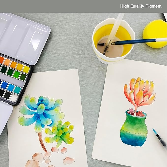 48-Color Solid Watercolor Set for Adults - 20pcs Watercolor Papers,2pcs artist brushed,2pcs water pens,Sponge & Cleaner - Perfect Travel Watercolor Kit for Artist,Beginners,Painting Lovers