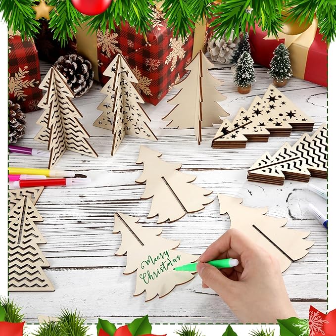 Blosssound 48 Pcs Christmas Craft Set 36 Wood Tree Crafts 3D Christmas Tree Cutouts with 12 Colored Markers Wooden Unfinished Slices to Paint for Xmas Winter DIY Handmade Tiered Tray Decor