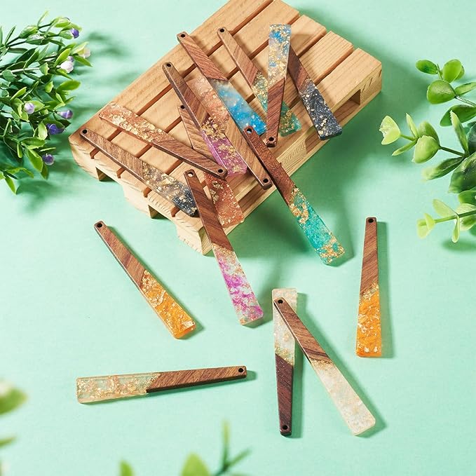 Beadthoven Colorful Resin Wood Charms for Earrings, 16Pcs/8 Pairs Glittery Silver Gold Foil Hanging Wooden Pendants Transparent Long Bar Pendants for Jewelry Making Necklace DIY Crafts