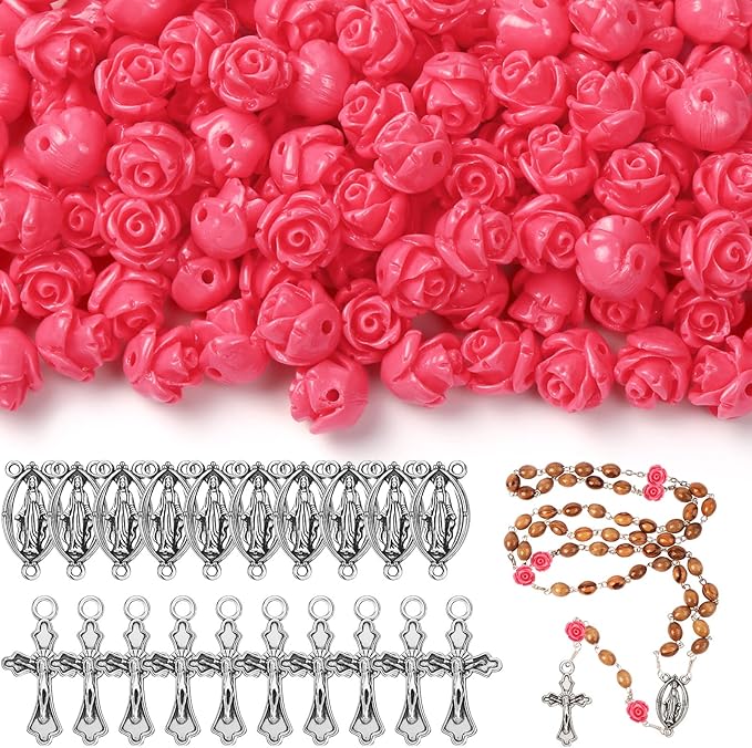 Sureio 140 Pcs Rosary Making Supplies Carved Rose Beads Flower Beads Kit Cross Centerpiece Crucifix Medal, Silver Jesus Maria Pendant for Bracelet Necklace(Pink)