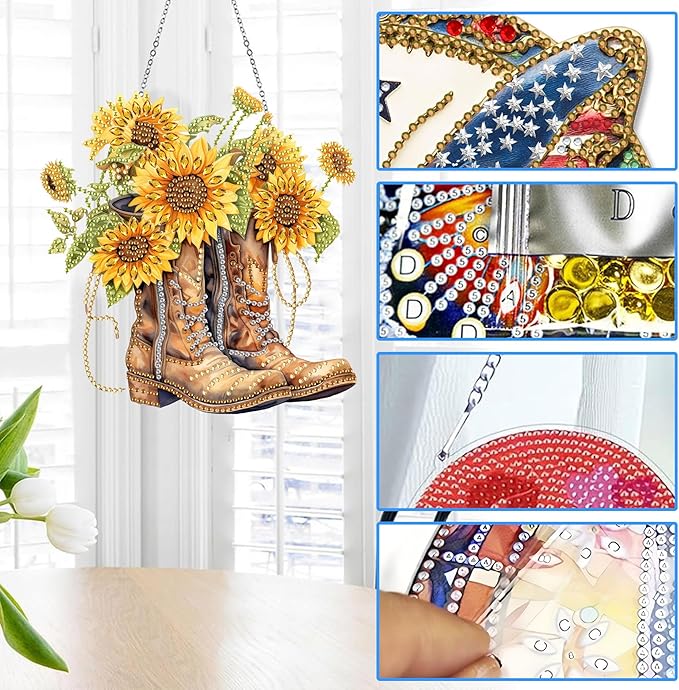 Reofrey Hanging Diamond Art Kits for Adults– 8x8Inch Flowers Hanging Ornament Acrylic Board Double Sided Pattern Crystal Diamond Art Suncatcher Pendant, for Wall Home Window Decoration Handmade Gift