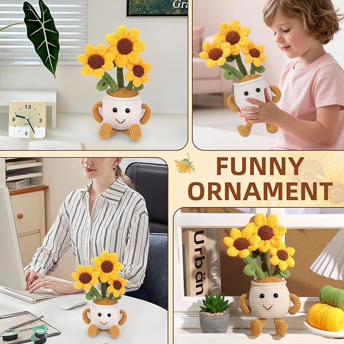 Nitlak Crochet Kit for Beginners, Sunflower Potted Beginner Crochet Kit for Adults Kids Women Men, Crochet Starters Kit with Step-by-Step Video Tutorials, Complete Crochet Accessories for DIY Craft