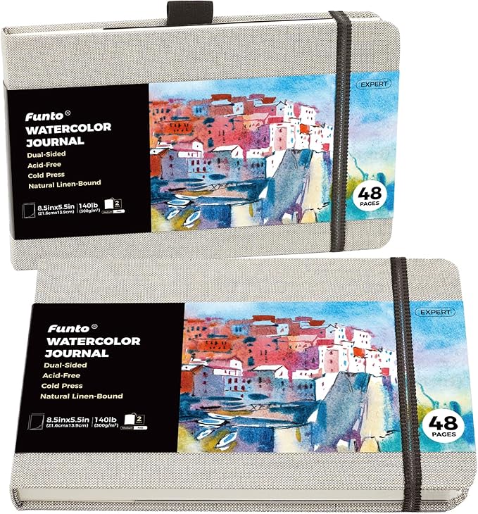Funto Classic Hardcover Watercolor Journal, 8.5x5.5(2-Pack)-140lb Cold Press Paper, Lay-Flat Binding,Inner Pocket, for Adults & Artists