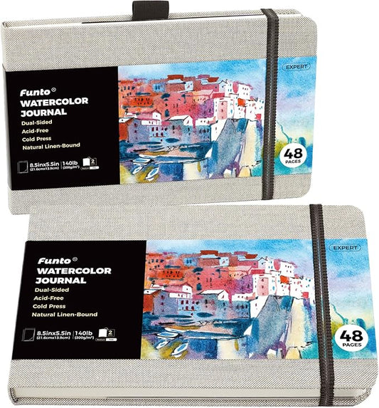 Funto Classic Hardcover Watercolor Journal, 8.5x5.5(2-Pack)-140lb Cold Press Paper, Lay-Flat Binding,Inner Pocket, for Adults & Artists
