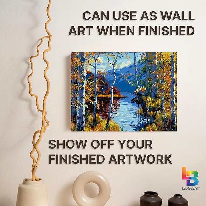 Ledgebay DIY Paint by Numbers Kit for Adults Framed Canvas Beginner to Advanced Paint by Numbers Kit Kits Include Acrylic Paint Set Brushes Tabletop Easel (Northwoods Retreat 12"x16" Framed)