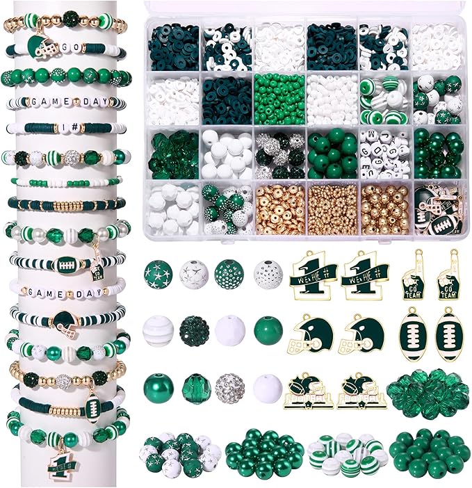 HSWE Game Day Beads for Bracelets Making Kit Heishi Clay Pearl Letter Assorted Round Bead Gold Spacer Beads Football Charms for DIY Bracelets Necklace Jewelry Making (Green White Beads Kit25)