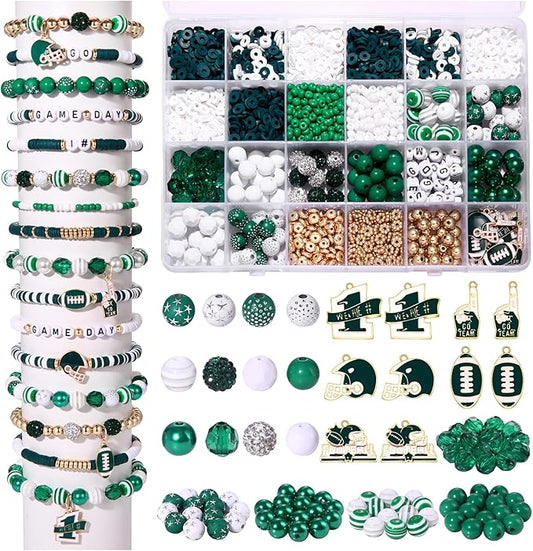 HSWE Game Day Beads for Bracelets Making Kit Heishi Clay Pearl Letter Assorted Round Bead Gold Spacer Beads Football Charms for DIY Bracelets Necklace Jewelry Making (Green White Beads Kit25)