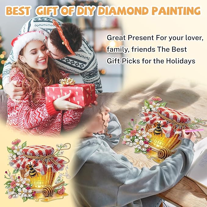 Bowetile Garden Bees Diamond Art Hanging Kits for Adults, Diamond Art Suncatchers Honey Jar, 5D Special Shape Diamond Painting Bee Pendant Window Ornament Gifts for Home Wall Door Garden Decor