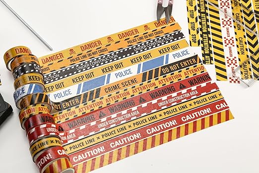 12 Rolls Warning Washi Tape Set Hazard & Caution Pattern Adhesive Tapes Police Line & Industrial Style Decorative Masking Tape for Craft, Scrapbook, DIY, Gift Wrapping (Industrial Caution)