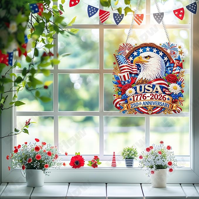 Eiflow USA 250th Anniversary Diamond Art Hanging Kit for Adults, DIY Diamonds Painting Door Hanger Board Kit, Special Crystal Diamond Art Painting Pendant Ornament (4th of July Eagle)