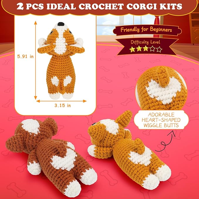 fortuning's jds crochet kit for beginners - 2 pcs corgi crochet kits with step-by-step video tutorials, beginner crochet kit for adults, crochet animal kit, dog knitting kit gifts valentine's day