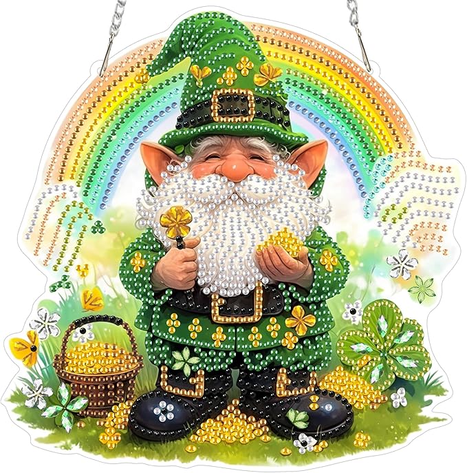 NEWENMO Diamond Art Kit for Adult, St Patrick's Day Gnome, Diamond Art Painting Double Sided Window Pendants for Home Garden Wall Hanging, DIY Special Shaped Gem Hanging Ornaments, Lucky Gnome