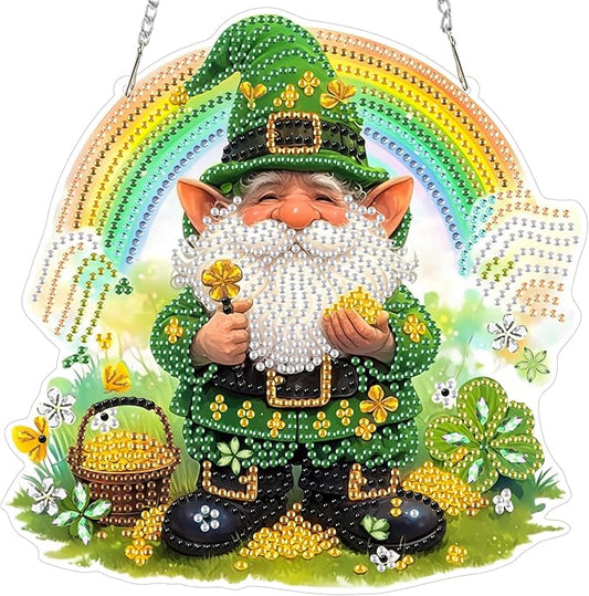 NEWENMO Diamond Art Kit for Adult, St Patrick's Day Gnome, Diamond Art Painting Double Sided Window Pendants for Home Garden Wall Hanging, DIY Special Shaped Gem Hanging Ornaments, Lucky Gnome