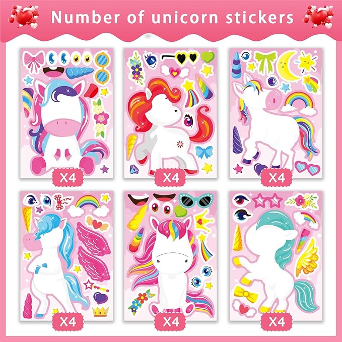 24 sheets make your own unicorn stickers for kids toddlers, make a face sticker, unicorn stickers for kids party favors activities