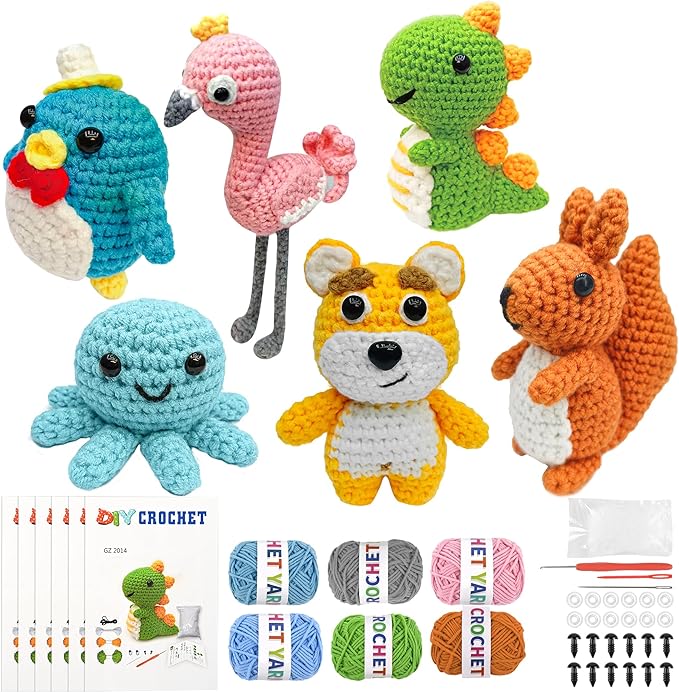 FHFTHYH 6Pcs Crochet Kit for Beginners, DIY Craft for Adults, Great Gift for Crochet Lovers, Crocheting Animal Kits with Step by Step Videos,Yarn,Crochet Hook,Birthday Holiday Gift