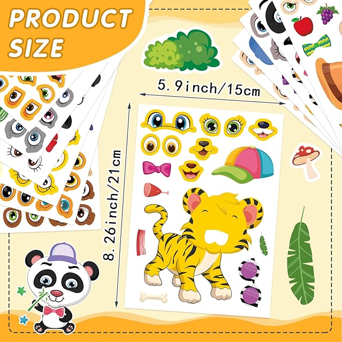 48 sheets make your own safari animal stickers for kids ages 3+, make-a-face stickers, jungle & zoo party favors supplies, classroom teacher reward