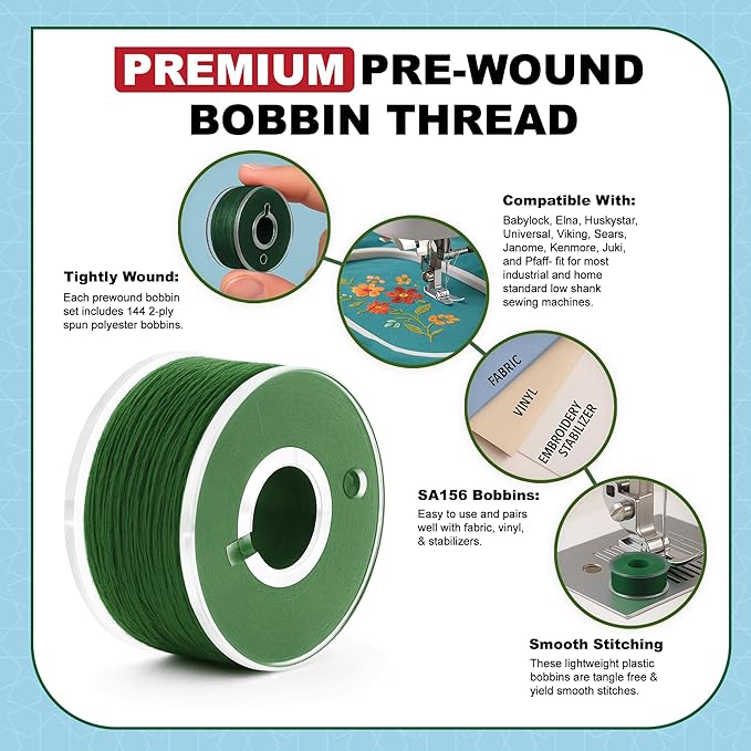 Mandala Crafts 144 Forest Green SA156 Prewound Bobbins for Singer Sewing Machine -15J SA156 Prefilled Bobbin Thread for Brother Sewing Machine and Embroidery