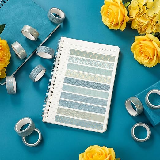 12 Rolls Watercolor Floral Washi Tape Set 15 mm Vintage Flower Decorative Masking Tape for Spring Arts DIY Craft Scrapbook Journal Supplies Gift Wrapping(Teal Color,Art Deco)