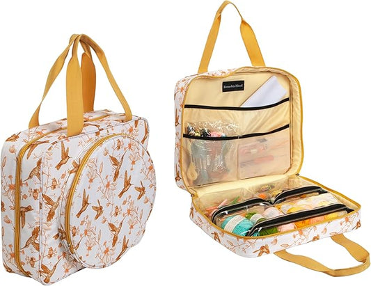 Portable Square Cross Stitch Starter Kits Bag Embroidery Project Bag Embroidery Tool Storage Tote Bag with Multifunctional Pockets, Bag Only (Bird Pattern)