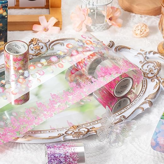 Wisteria Floral PET Decorative Tape Set, 6 Rolls Wide Garden Washi Tape for Journaling Supplies, Scrapbooking, Bullet Journal, Junk Journal, DIY Crafts and Gift Wrapping