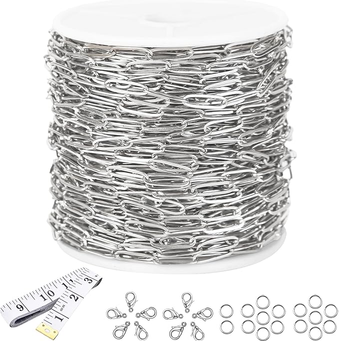 16Ft Stainless Steel Paperclip Chain for Jewelry Making, 4.5mm Width Silver Paper Clip Link Chains Roll for DIY Necklace Bracelet Craft Jewelry Making Supplies with Lobster Clasps Soft Tape Measure