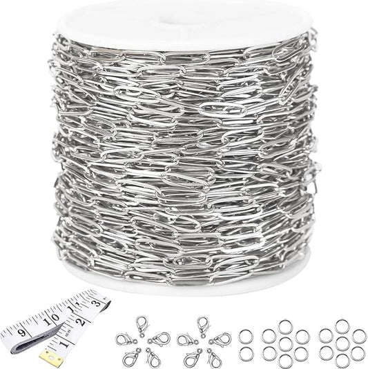 16Ft Stainless Steel Paperclip Chain for Jewelry Making, 4.5mm Width Silver Paper Clip Link Chains Roll for DIY Necklace Bracelet Craft Jewelry Making Supplies with Lobster Clasps Soft Tape Measure