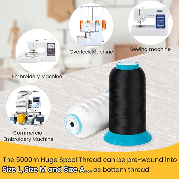 New brothread Set of 2 (Black+White) Bobbin Thread/Bottom Thread 60WT Huge Spool 5000M (5500Y) for Embroidery and Sewing Machines