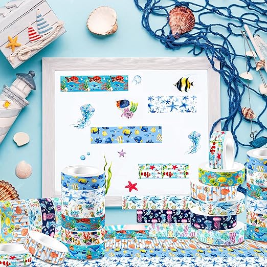 12 Rolls Blue Ocean Washi Tape, Underwater World Masking Tapes, Sea Animal Cartoon Decorative Tape for Arts, DIY Crafts, Journals Planners Scrapbook Gift Wrapping 16.4FT