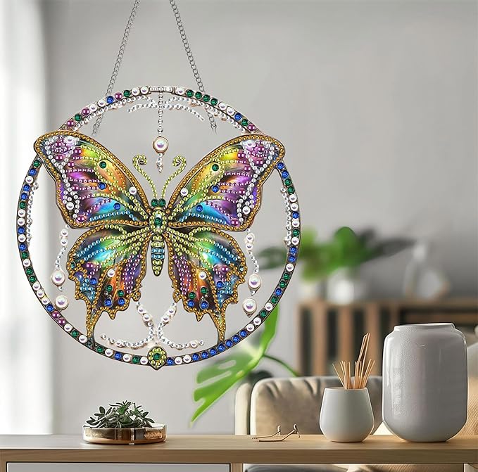 Bimkole Butterfly Diamond Art Hanging Kit for Adult, DIY 5D Animals Diamond Art Painting Window Pendant, Acrylic Crystal Art Hanging Ornament for Wall Home Garden Front Door Decor - 7.8x7.8 Inch