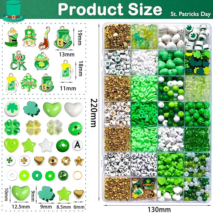 2200Pcs St. Patrick's Day Bracelets Beading Kit, Green Series Beads with Clover Charms, Shamrock Pendants, White & Green Round Beads for DIY Jewelry Making, Irish Festival Crafts, March 17 Party Decor