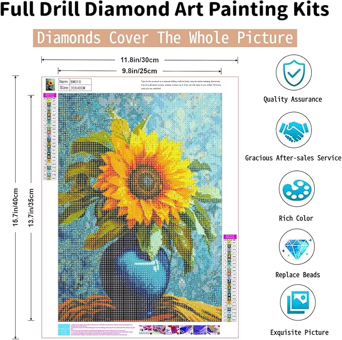 PINFFSHU 5D Diamond Art Kits for Adults Beginners, Full Drill Sunflower in Blue Vase Diamond Painting Kits DIY Gem Art Craft, Home Wall Decor, Unique Gift for Women, 12x16 Inch (30x40cm)