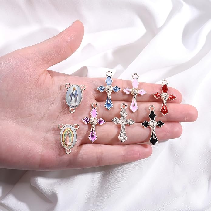 60Pcs/30Set Rosary Making Kits Supplies Religion Cross and Center Medal Charms Alloy Picture Jesus Enamel Pendant for Diy Prayer Necklace Jewelry