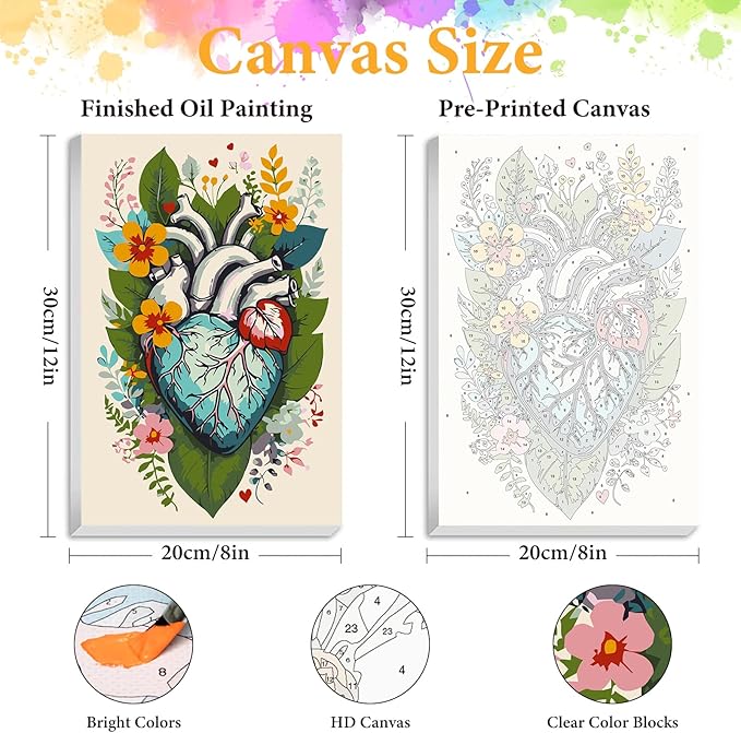 Okarina Framed Paint by Numbers Kit for Adults Beginner Heart, Adult Paint by Number Kits on Canvas Framed, DIY Acrylic Oil Painting by Numbers with Frame, Flower for Home Decor Gift 8 X 12 Inch