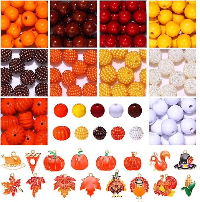 XOCARTIGE 166PCS Fall Beads Charms for Jewelry Making, Assorted Autumn Loose Beads Enamel Maple Leaf Pumpkin Turkey Pendant Charms for Bracelet Necklace Earrings Making Kit DIY Crafts