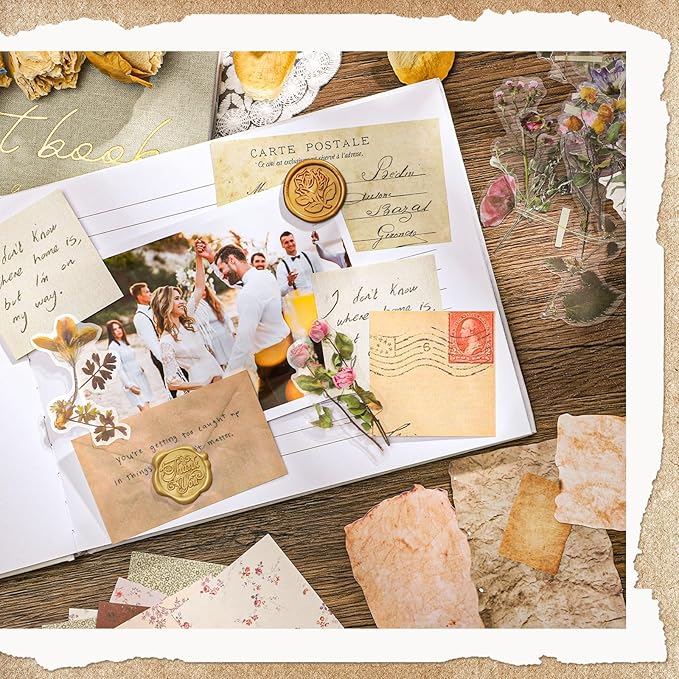 Prudiut 445 Pcs Vintage Scrapbook Paper, Journaling Supplies Kit, Delicate Decorative Paper with Floral Stickers & Multi-Size Scrapbook Paper for Junk Journal, DIY Collage Art, Vintage Crafts