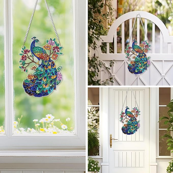 EOBROMD Diamond Hanging Art Kits for Adults Flower, Peacock DIY Special Shaped Rhinestone Kits for Adults, Diamond Art Painting Suncatcher, Window Pendants Home Garden Wall Hanging Ornament
